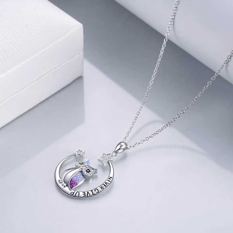 Necklace Owl Moon & Stars Engraved Never Give Up
