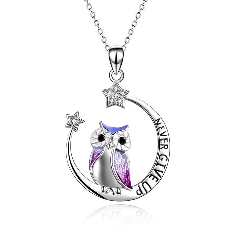 Necklace Owl Moon & Stars Engraved Never Give Up
