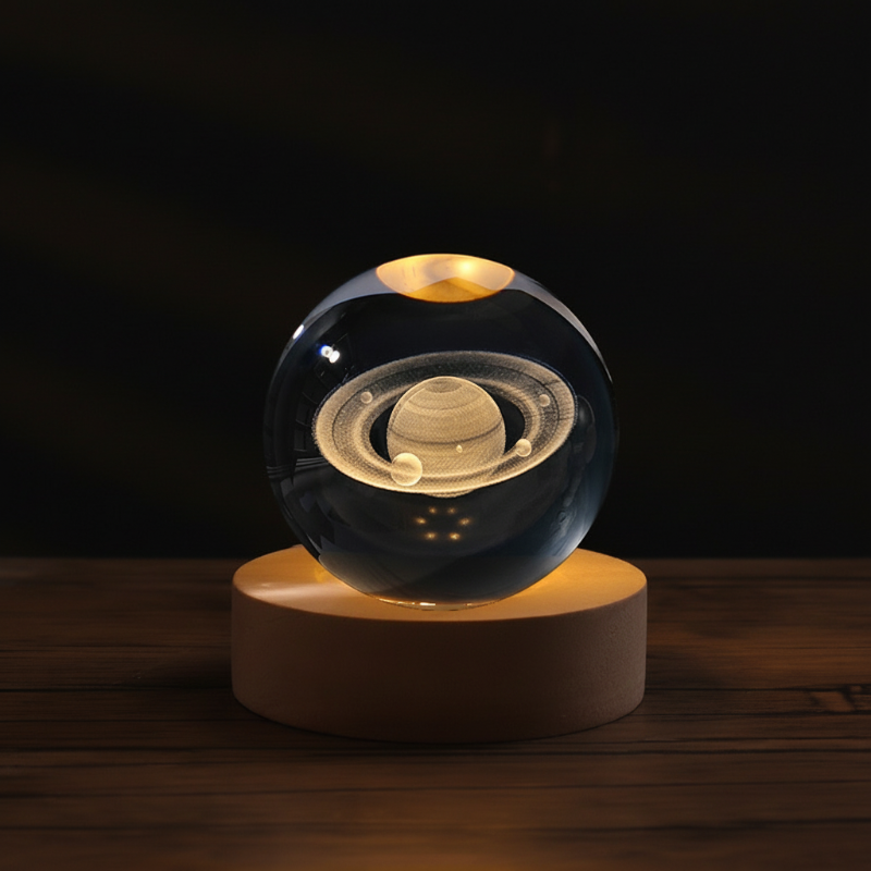 Night Light Crystal Glass 3D Engraved Wooden Base