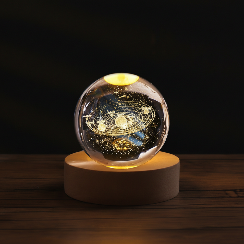 Night Light Crystal Glass 3D Engraved Wooden Base