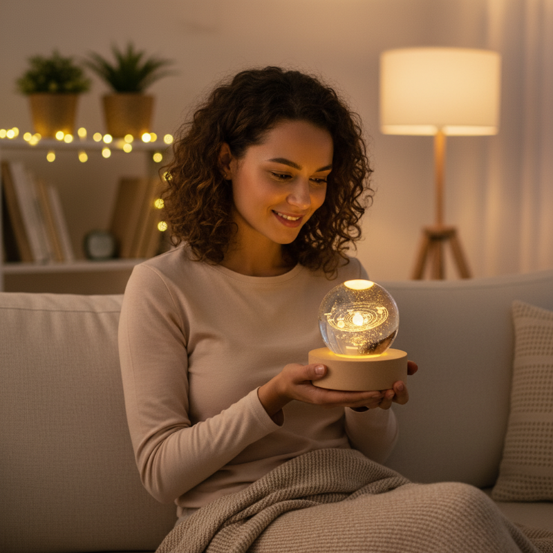 Night Light Crystal Glass 3D Engraved Wooden Base
