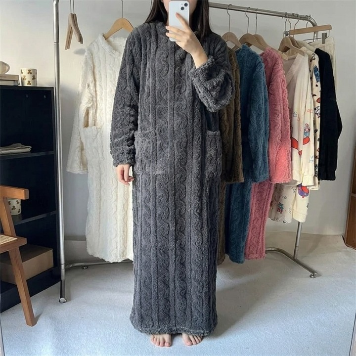 Nightgown Flannel Fleece Cable Knit With Front Pockets