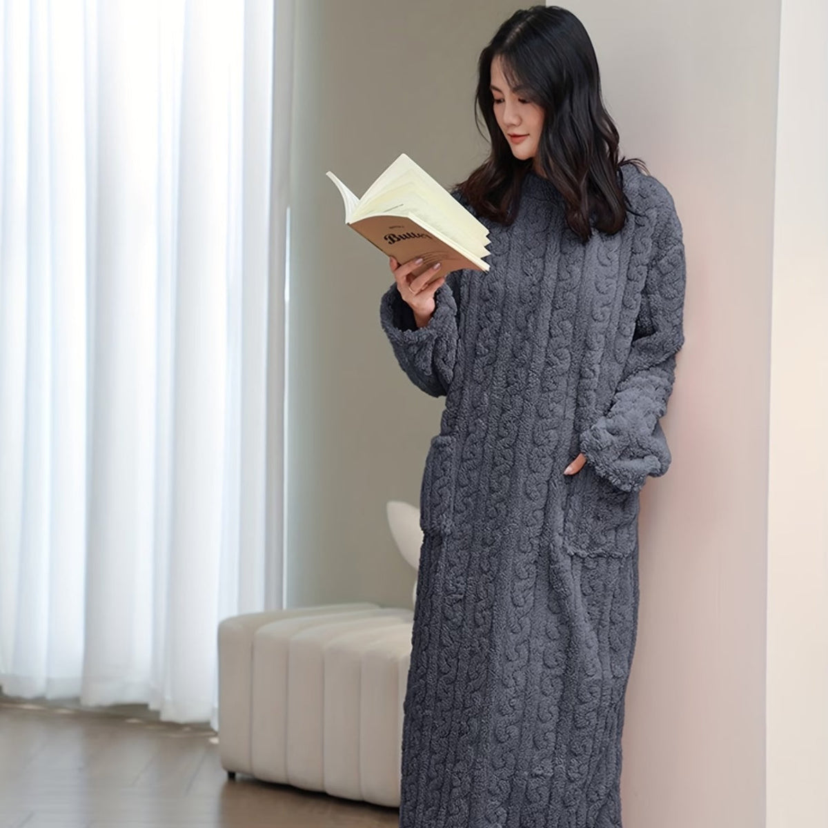 Nightgown Flannel Fleece Cable Knit With Front Pockets