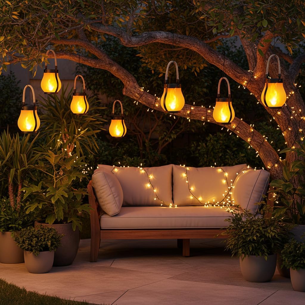 Outdoor Lantern Realistic Flame Effect Solar & USB Rechargeable