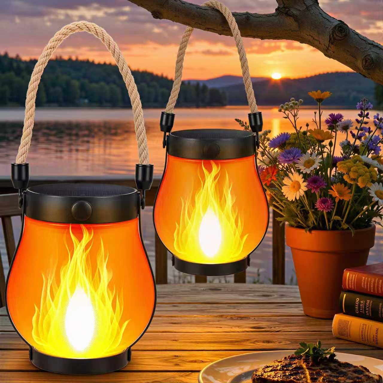Outdoor Lantern Realistic Flame Effect Solar & USB Rechargeable