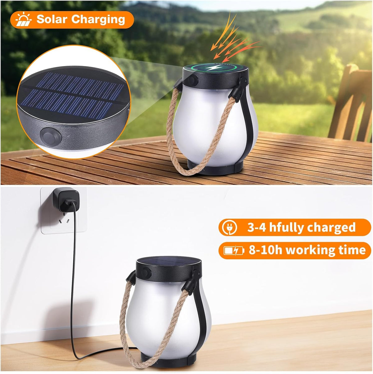 Outdoor Lantern Realistic Flame LED Solar & USB Weatherproof