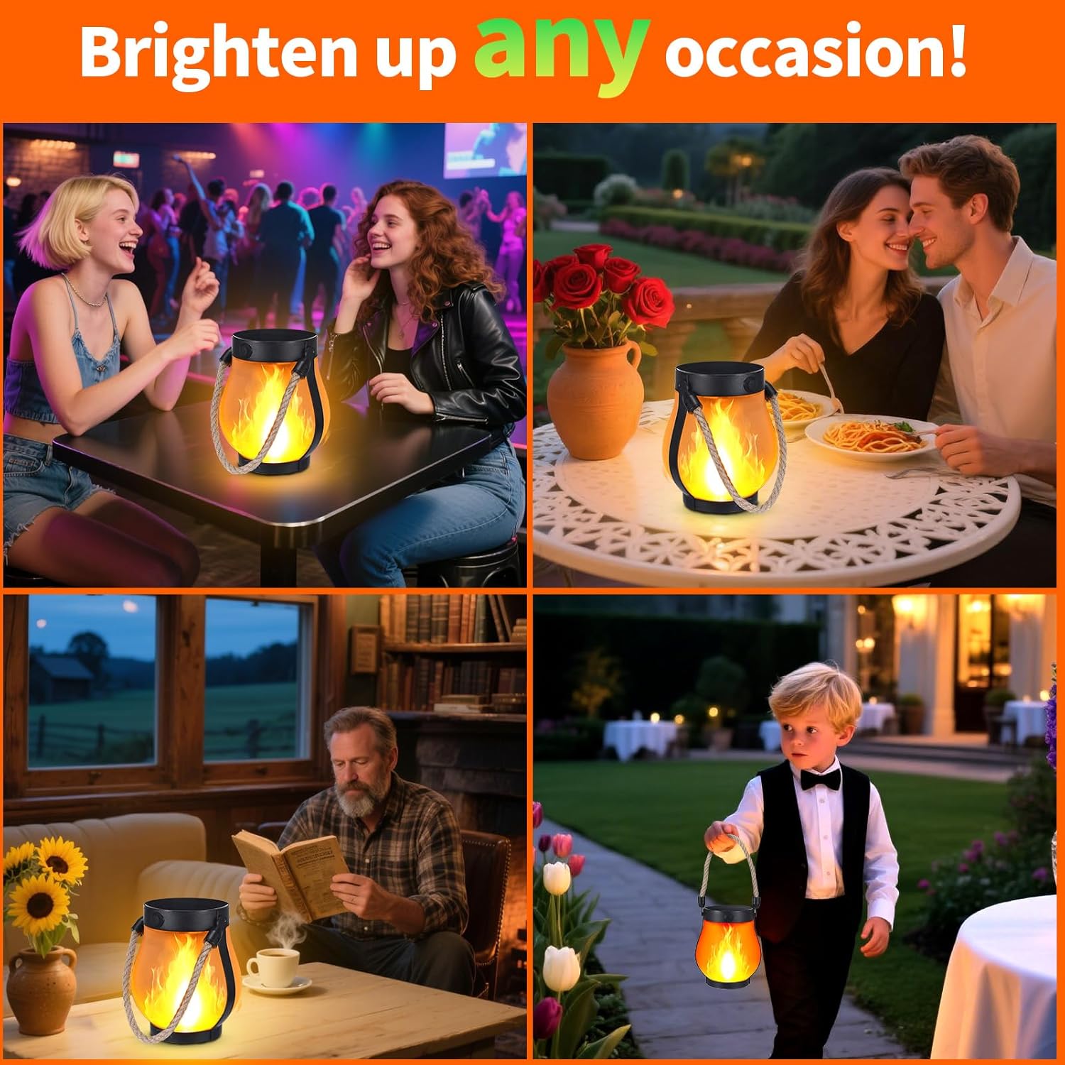 Outdoor Lantern Realistic Flame LED Solar & USB Weatherproof
