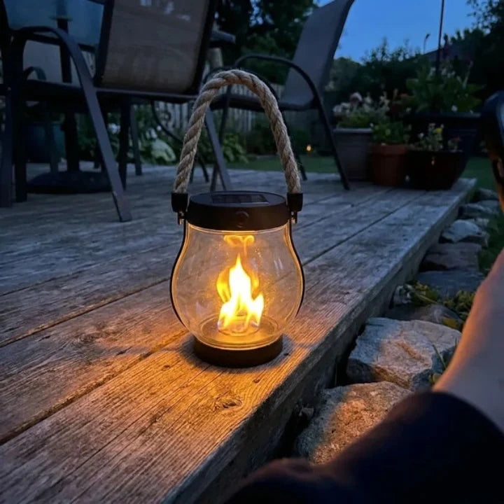 Outdoor Solar Lantern Real Flame Flicker & USB-C Rechargeable
