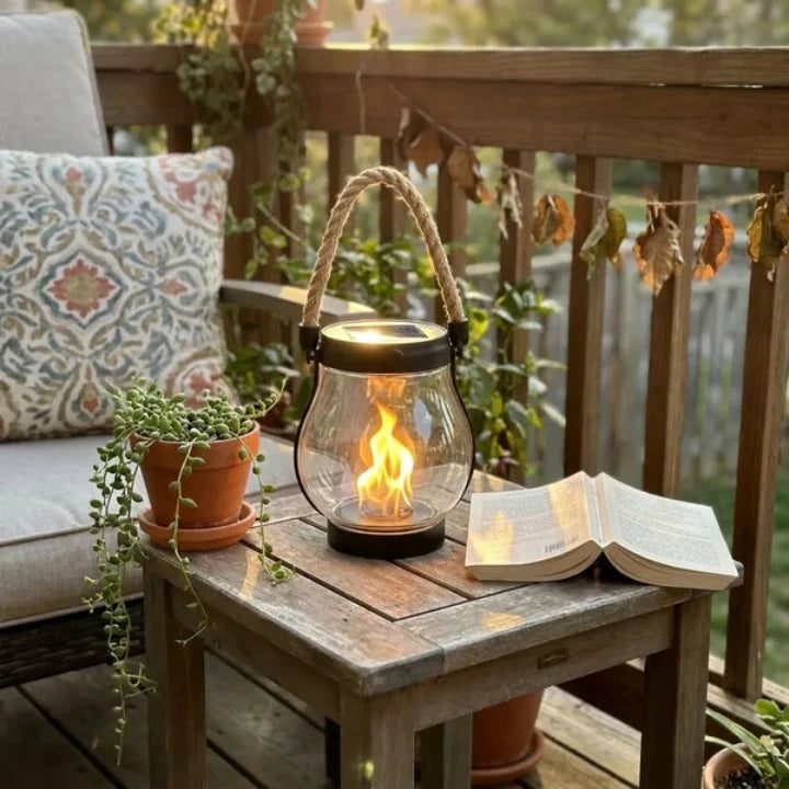 Outdoor Solar Lantern Real Flame Flicker & USB-C Rechargeable