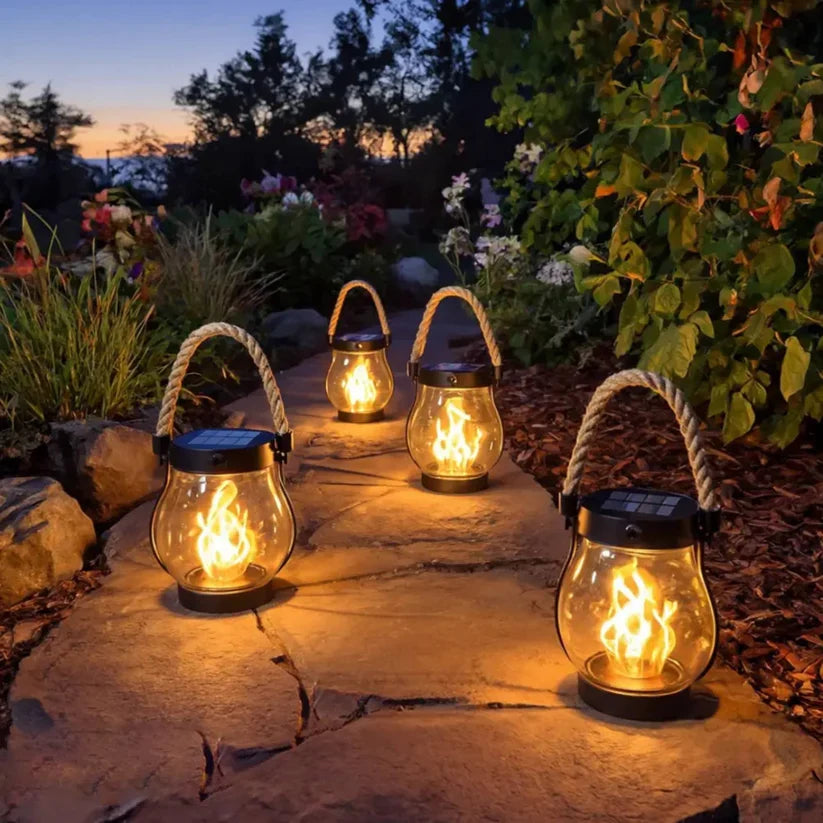 Outdoor Solar Lantern Realistic Flame 8-Hour Runtime USB-C Backup