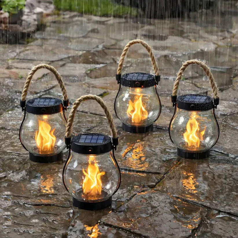 Outdoor Solar Lantern Realistic Flame 8-Hour Runtime USB-C Backup