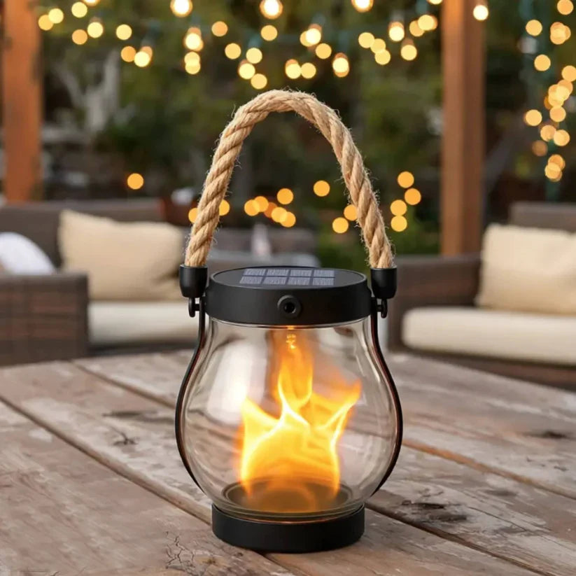 Outdoor Solar Lantern Realistic Flame 8-Hour Runtime USB-C Backup
