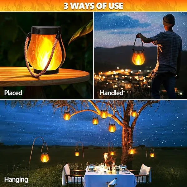Outdoor Solar Lantern Realistic Flame 8-Hour Runtime USB-C Backup