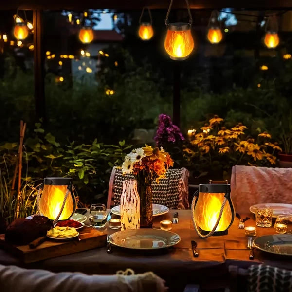 Outdoor Solar Lantern Realistic Flame 8-Hour Runtime USB-C Backup