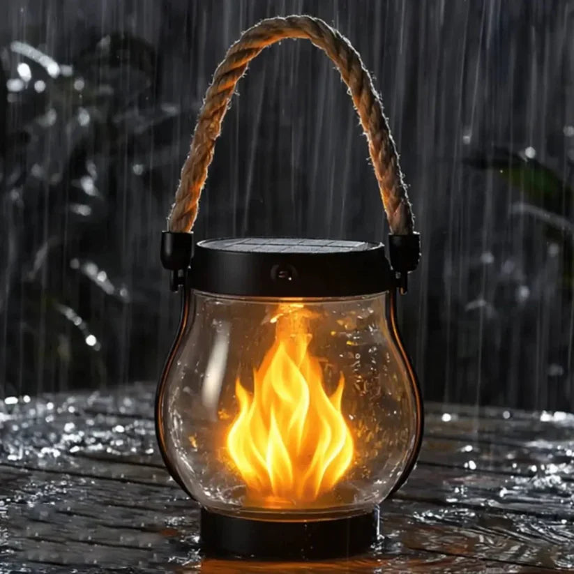 Outdoor Solar Lantern Realistic Flame 8-Hour Runtime USB-C Backup