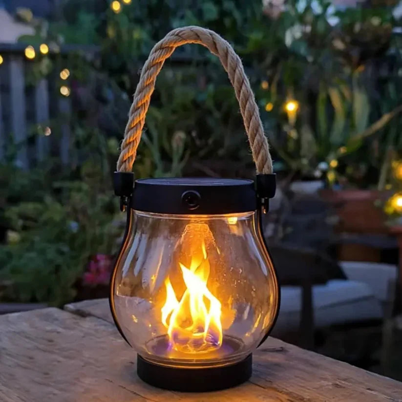 Outdoor Solar Lantern Realistic Flame 8-Hour Runtime USB-C Backup