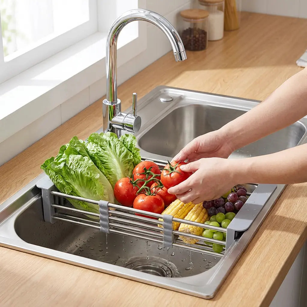 Over-Sink Draining Basket Adjustable Stainless Steel & Non-Slip Pads
