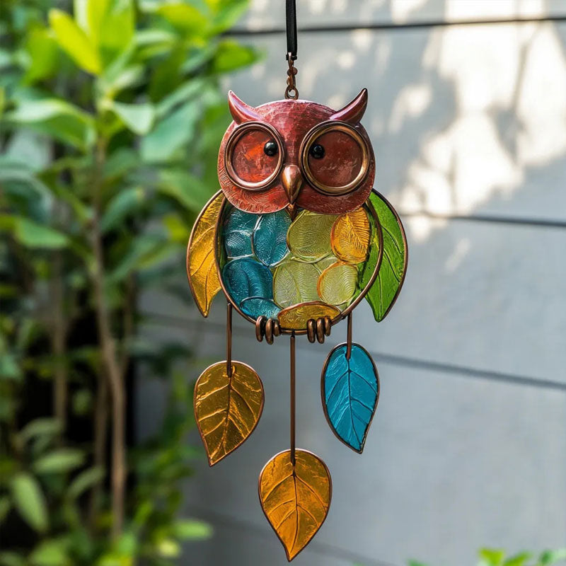 Owl Hanging Ornament Handcrafted Resin Leaves & Painted Metal Frame
