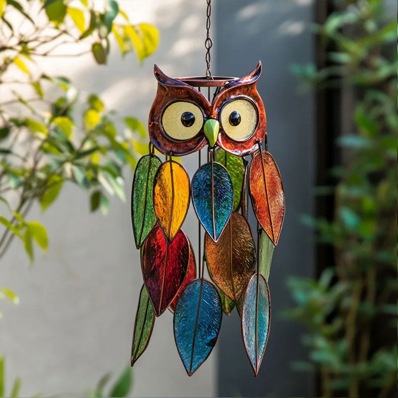 Owl Hanging Ornament Handcrafted Resin Leaves & Painted Metal Frame