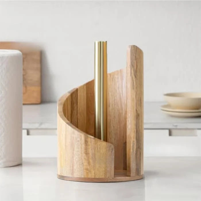 Paper Towel Holder Solid Wood Metal Rod Non-Slip Base