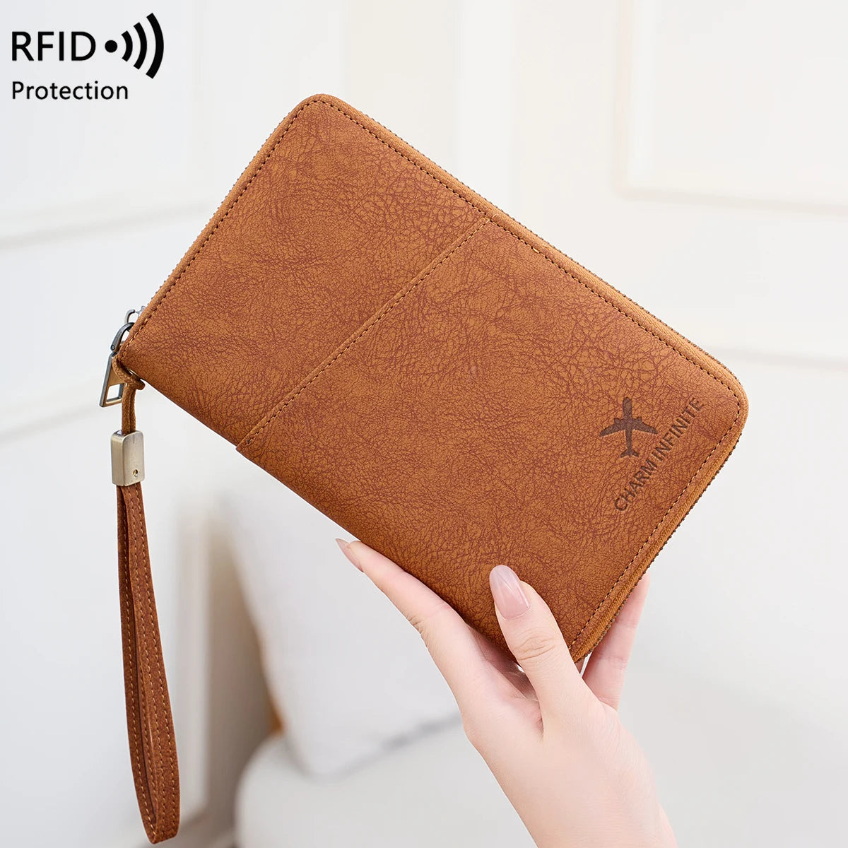 Passport Organizer RFID Protection All-Around Zipper & Wrist Strap