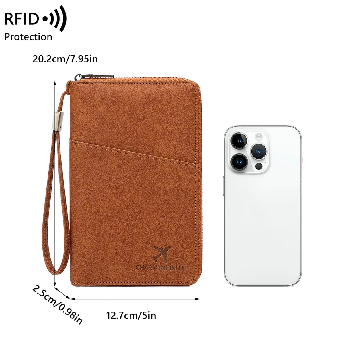 Passport Organizer RFID Protection All-Around Zipper & Wrist Strap