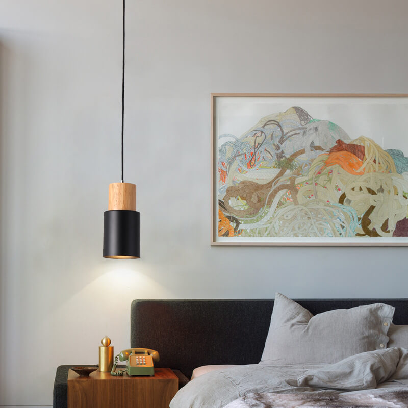 Pendant Light Aluminum Shade With Wood Accent Adjustable Cable