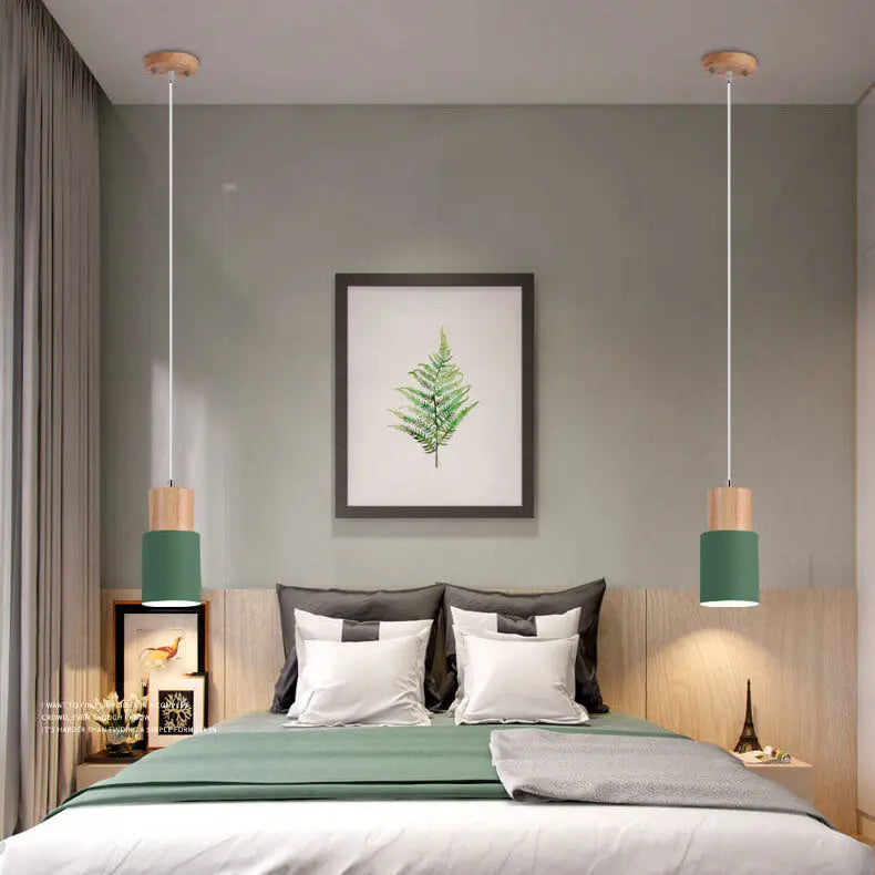 Pendant Light Aluminum Shade & Wood Accents Adjustable Cable