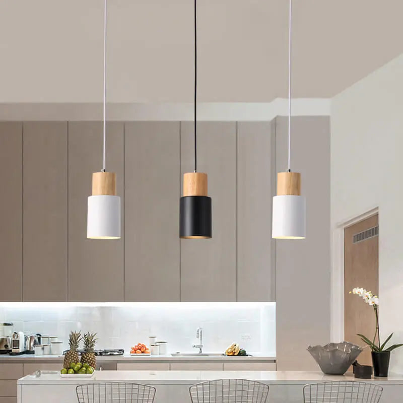 Pendant Light Aluminum Shade & Wood Accents Adjustable Cable