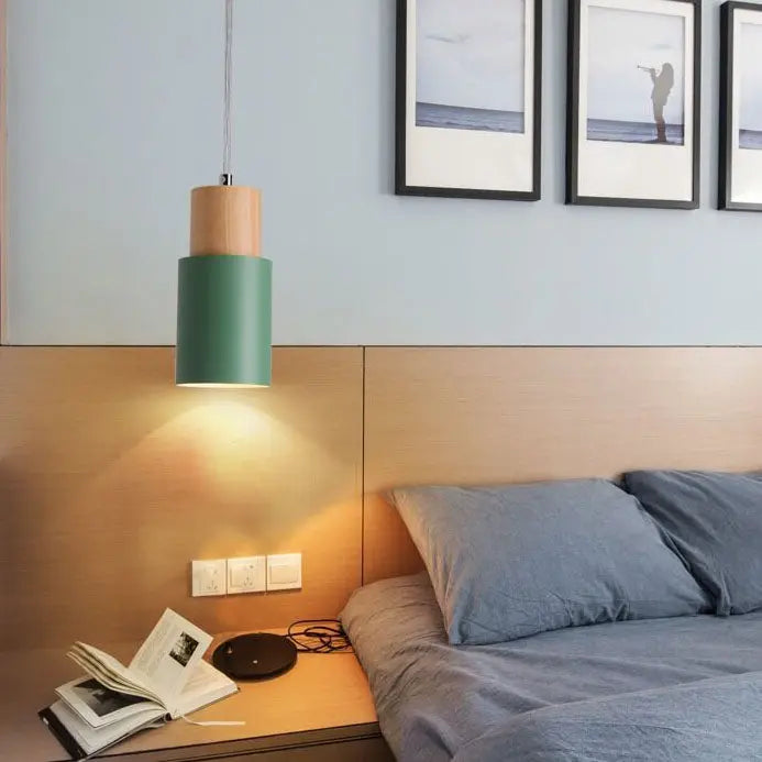 Pendant Light Aluminum Shade & Wood Accents Adjustable Cable