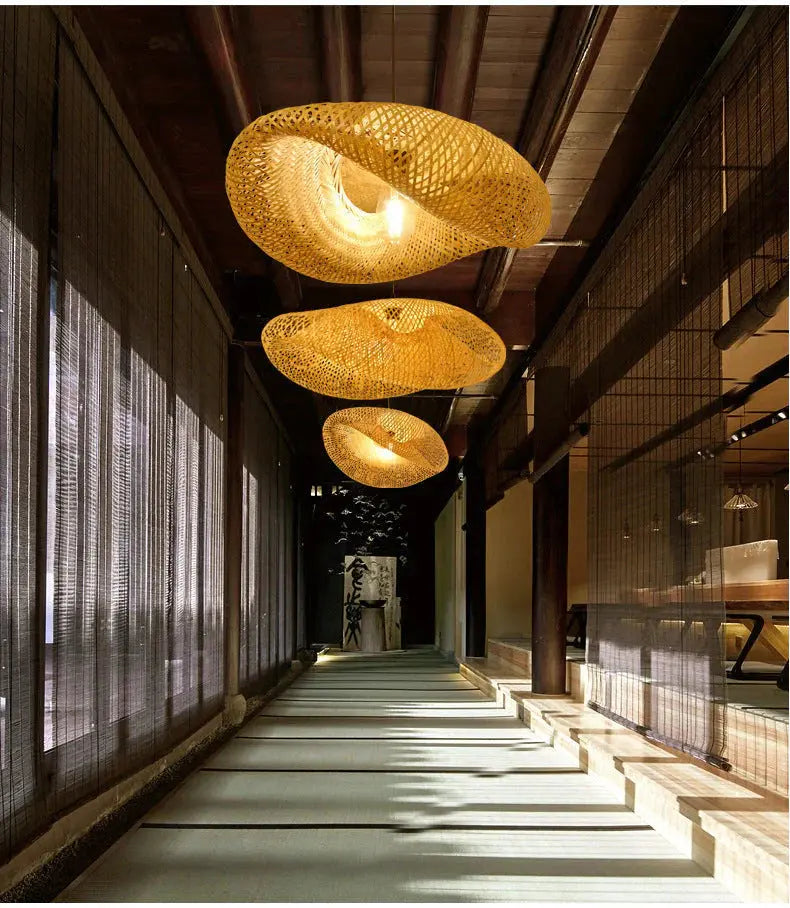 Pendant Light Handwoven Bamboo Open Weave Warm Ambient Lighting
