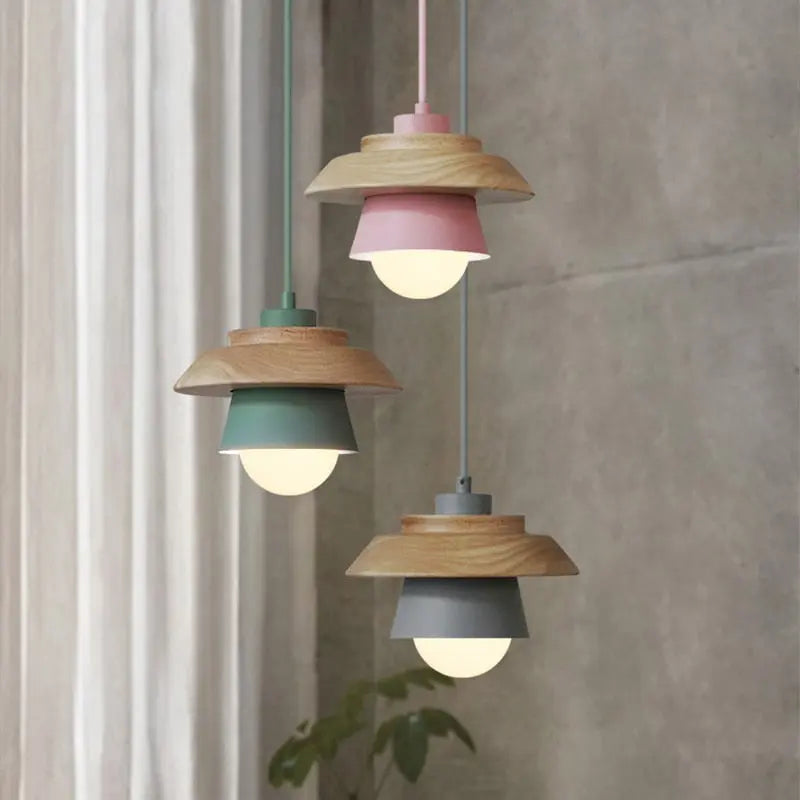 Pendant Light Nordic Aluminum Shade & Wood Accent Height Adjustable