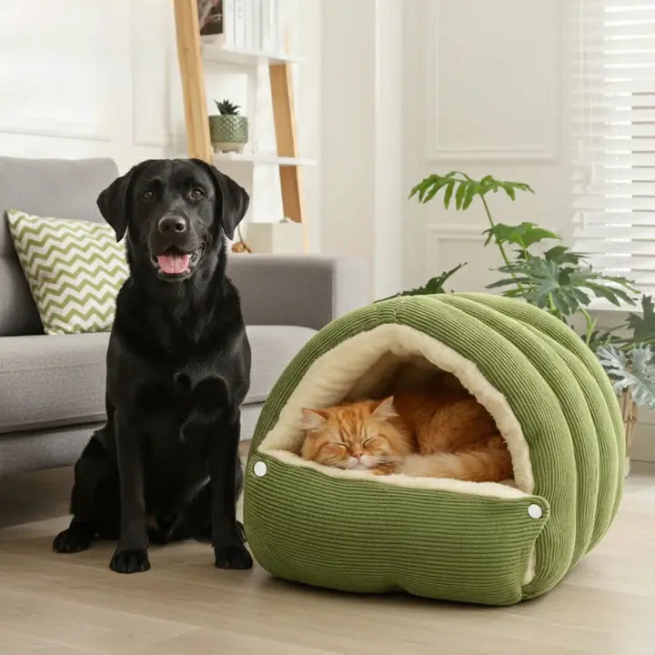 Pet Cave Bed Plush Lining Semi-Enclosed Dome Magnetic Closure