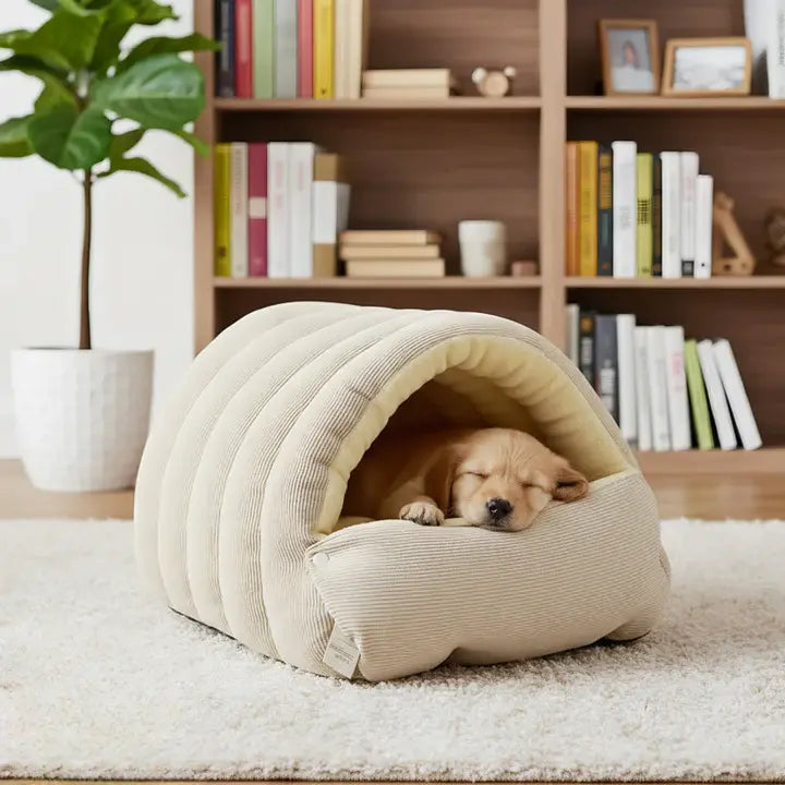 Pet Cave Bed Plush Lining Semi-Enclosed Dome Magnetic Closure