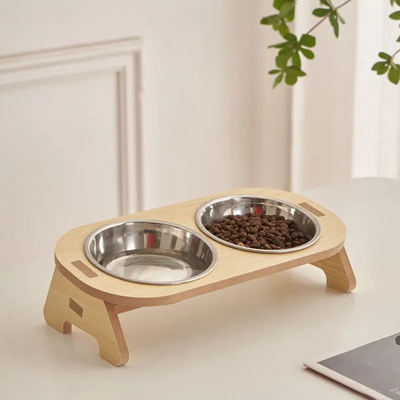 Pet Feeding Bowl Elevated Hardwood Dual Stainless Steel Bowls