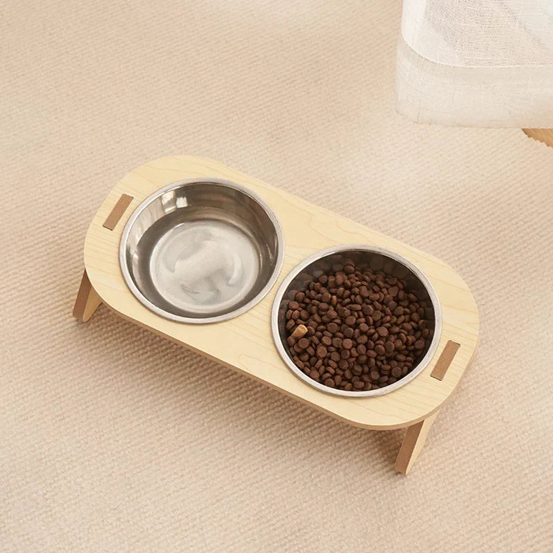 Pet Feeding Bowl Elevated Hardwood Dual Stainless Steel Bowls