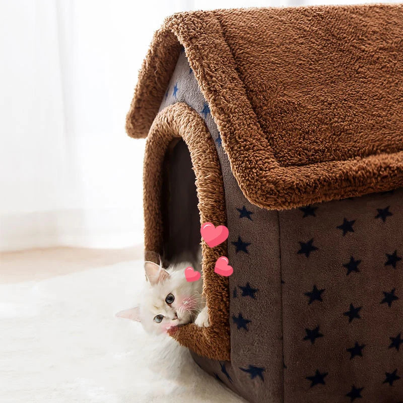 Pet House Bed Enclosed Plush & Removable Washable Pad