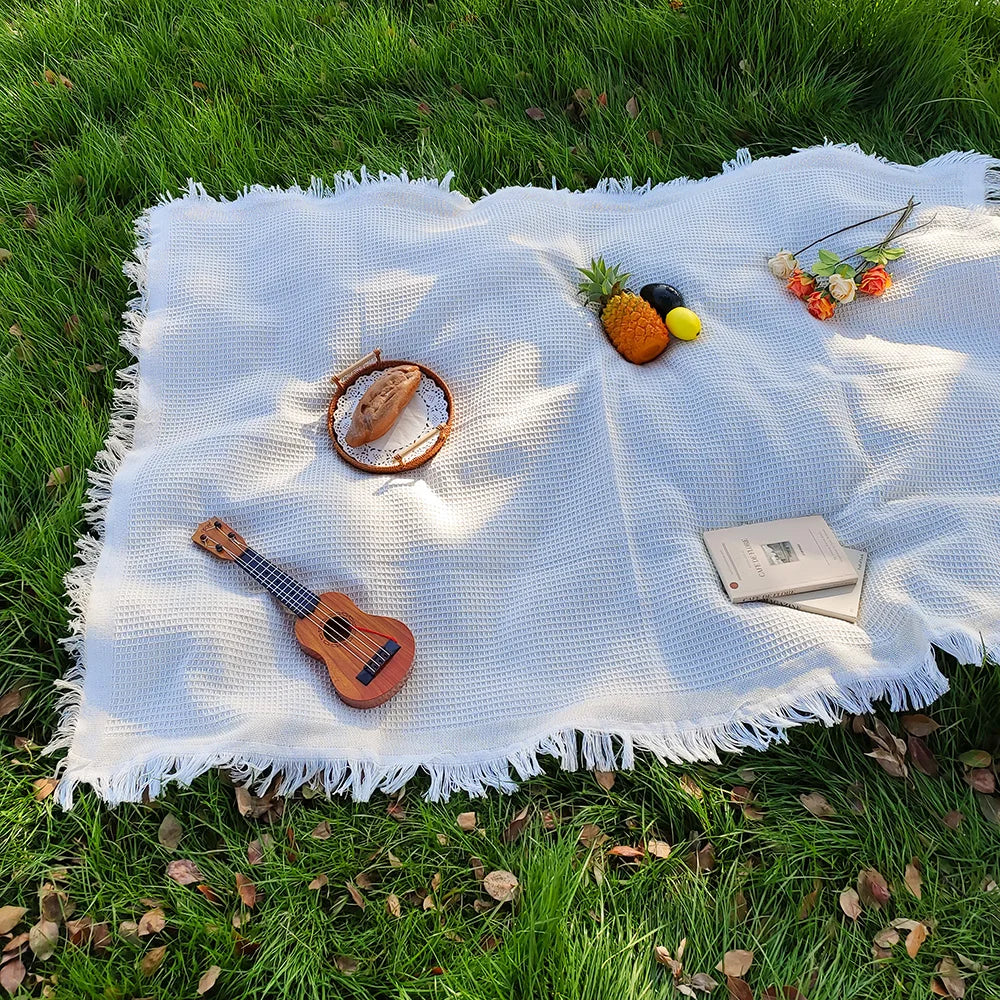 Picnic Blanket Cotton-Blend Fringed 130 x 130 Cm