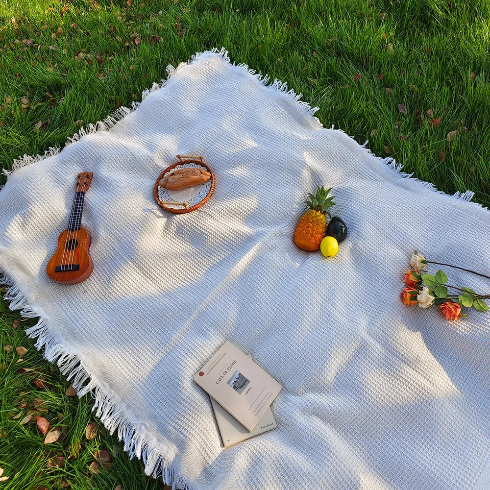 Picnic Blanket Cotton-Blend Fringed 130 x 130 Cm