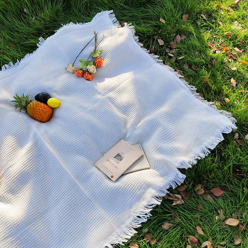 Picnic Blanket Cotton-Blend Fringed 130 x 130 Cm