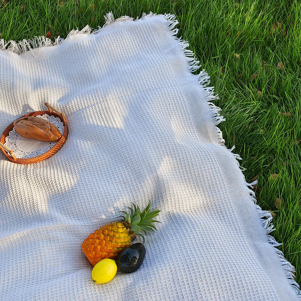 Picnic Blanket Cotton-Blend Fringed 130 x 130 Cm