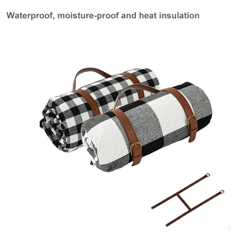 Picnic Blanket Waterproof PEVA Foam-Padded Foldable Leather Strap
