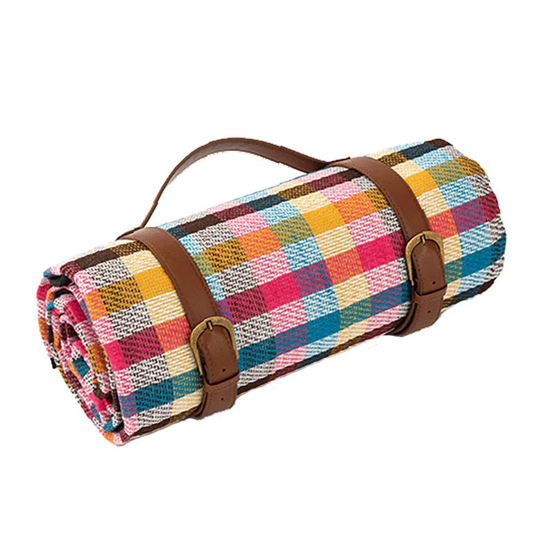 Picnic Blanket Waterproof PEVA Foam-Padded Foldable Leather Strap