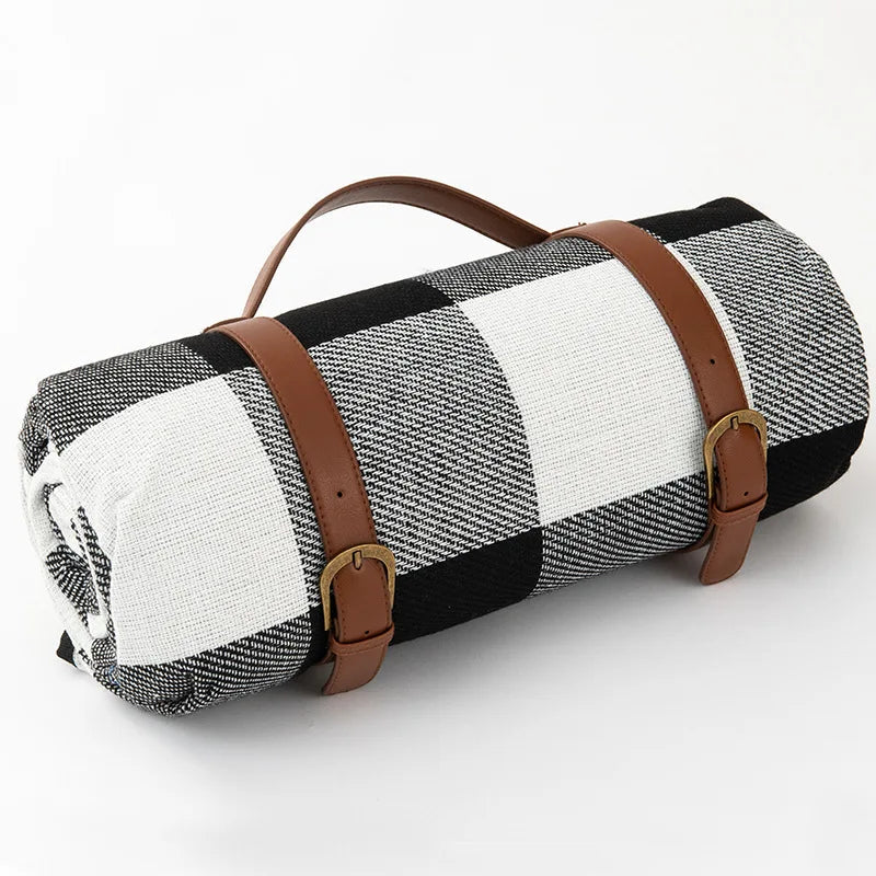 Picnic Blanket Waterproof PEVA Foam-Padded Foldable Leather Strap