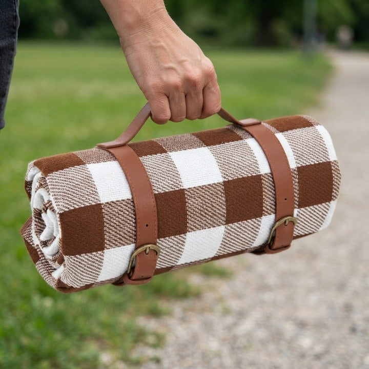 Picnic Blanket Waterproof & Padded Foldable Leather Carry Strap