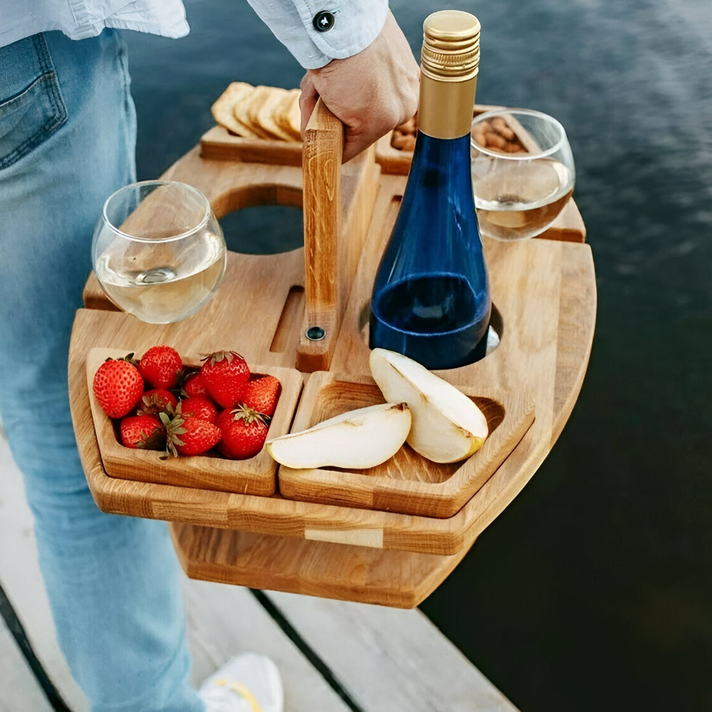 Picnic Table Foldable Wooden Wine & Bottle Holders