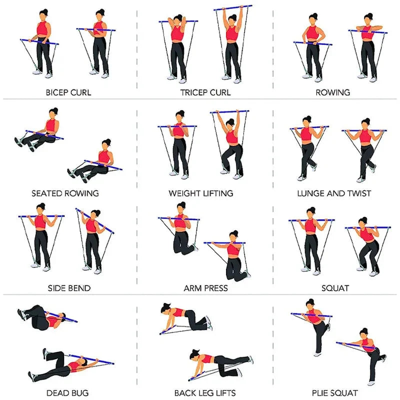 Pilates Bar Integrated Bands Adjustable Tension Travel Friendly