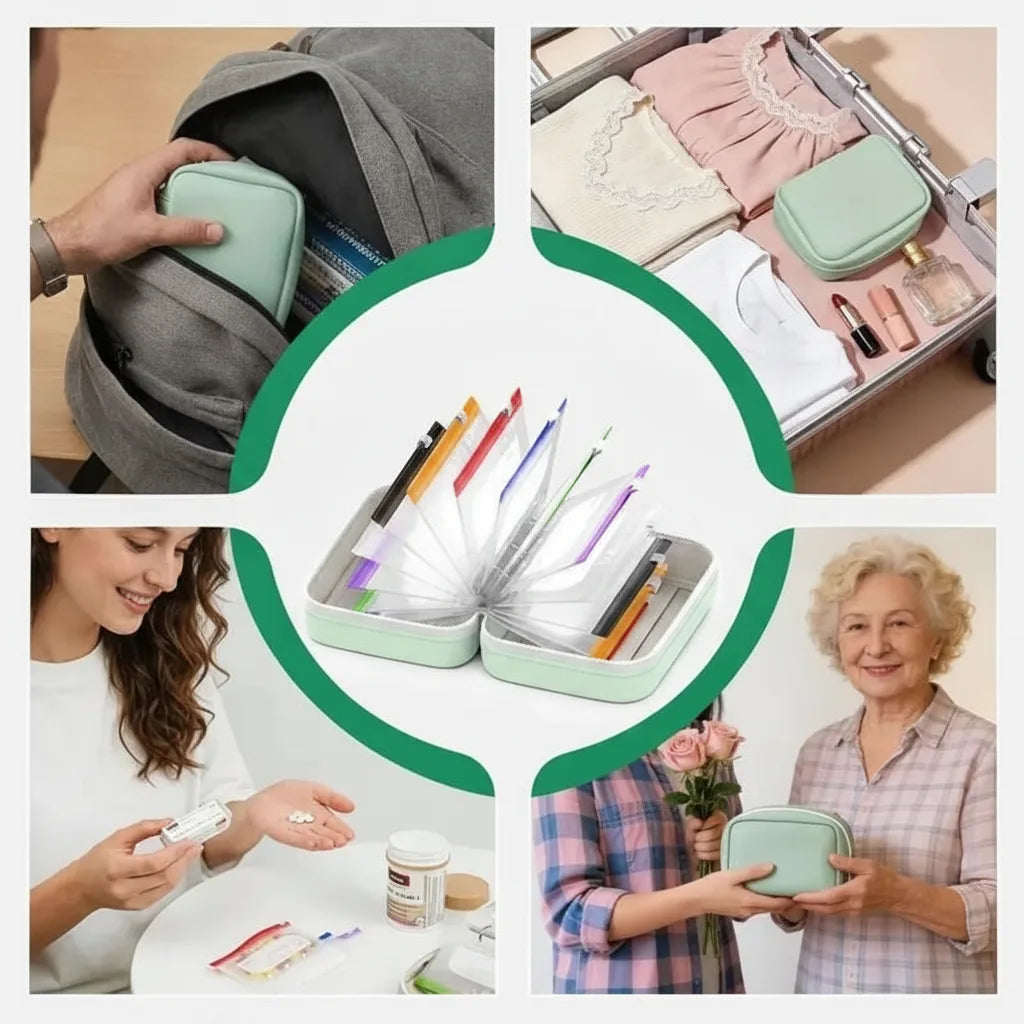 Pill Organizer 14 Labelable Pouches Water-Resistant Faux Leather Case