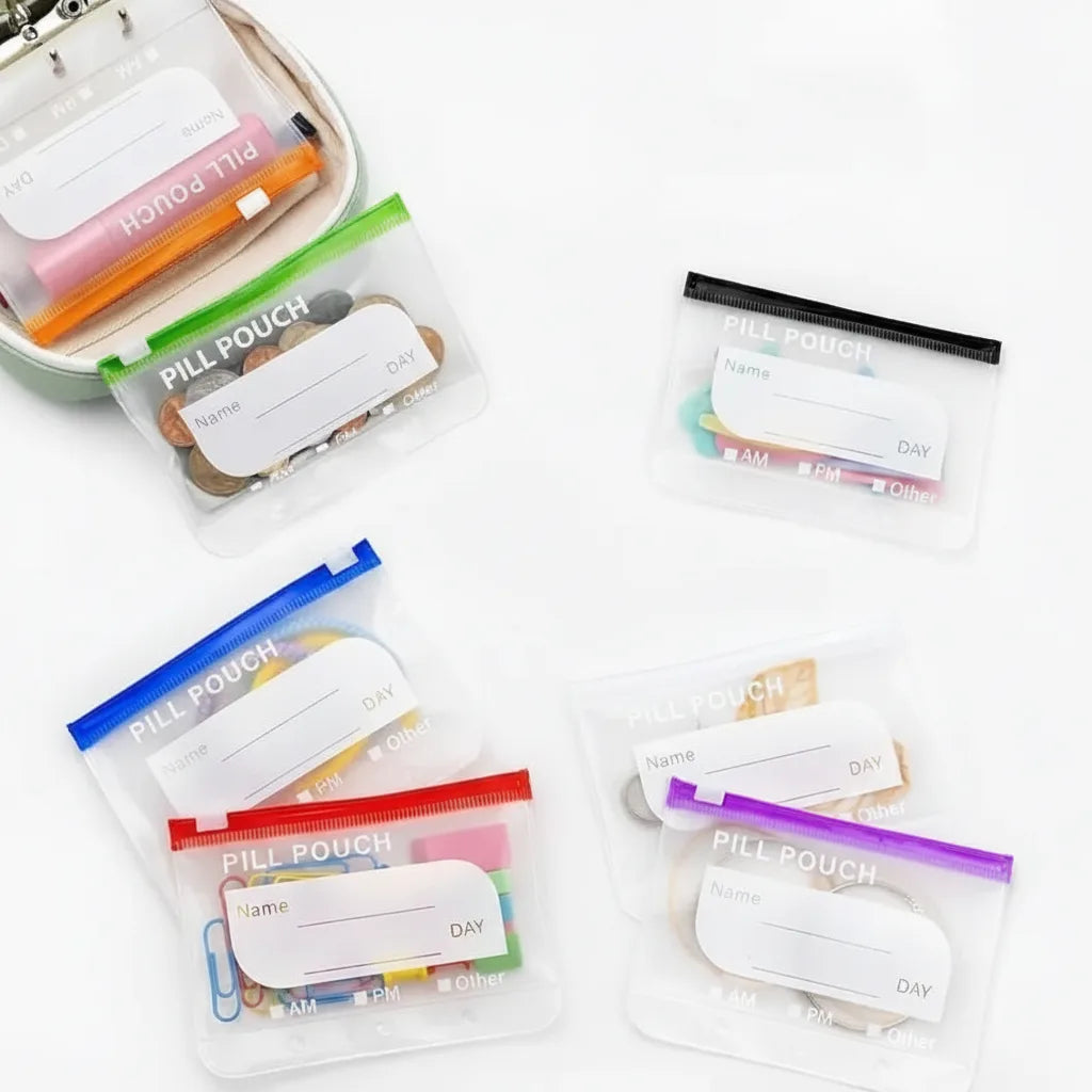 Pill Organizer 14 Labelable Pouches Water-Resistant Faux Leather Case