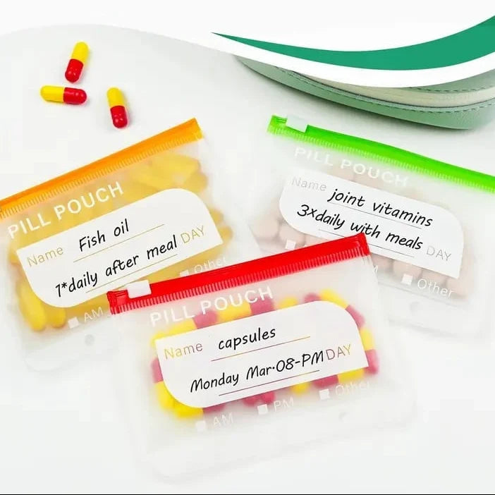 Pill Organizer 14 Labelable Pouches Water-Resistant Faux Leather Case